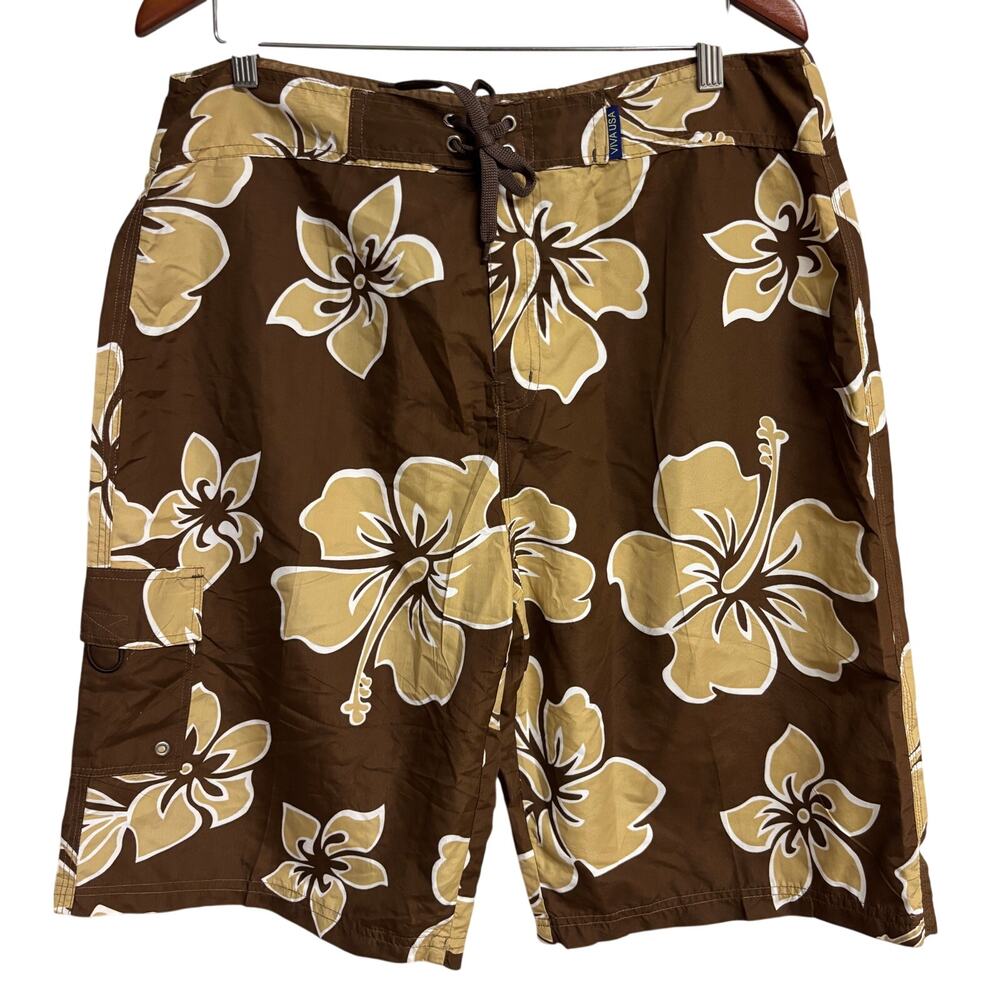 Viva USA Hawaiian Floral Board Shorts Brown Beige Men’s XL Surf Swim Trunks New